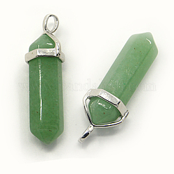 Natural Green Aventurine Pointed Pendants, with Brass Findings, Bullet, Platinum, 35~45x13mm, Hole: 3x5mm