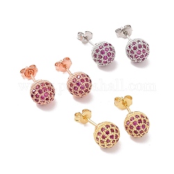 Boucles d'oreilles boule disco avec oxyde de zirconium rose vif, bijoux en laiton de placage de rack pour les femmes, sans cadmium et sans plomb, couleur mixte, 19.5x8mm, pin: 0.8 mm