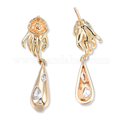 Brass Pave Clear Cubic Zirconia Hand with Teardrop Dangle Stud Earring Findings, for Half Drilled Beads, Cadmium Free & Nickel Free & Lead Free, Real 18K Gold Plated, 27.5mm, Pin: 0.8mm