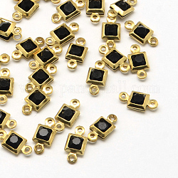 Golden Tone Brass Glass Links connectors, Faceted Square, Black, 9.5x5x2.5mm, Hole: 1mm