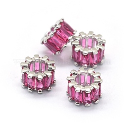 Zirkonia European Beads, Großloch perlen, mit Messing-Zubehör, Kolumne, Platin Farbe, tief rosa, 10.5x6.5 mm, Bohrung: 5.5 mm