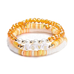 Ensemble de bracelets extensibles d'amour, bracelets en perles de verre & acrylique & pâte polymère, bracelet heishi surfeur pour femme adolescente, jaune, 2-1/8~2-1/4 pouce (5.3~5.7 cm), 3 pièces / kit