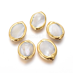 Perle di guscio, con accessori di ottone, ovale, bianco floreale, oro, 19.5~21x14.5~16.5x3.5~5mm, Foro: 0.6 mm