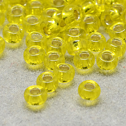 Perline di semi di vetro rotonde di grado 6/0, argento rivestito, giallo, 6/0, 4x3mm, Foro: 1 mm, circa 4500pcs/libbra