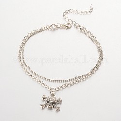 Skull and Crossbones Alloy Rhinestone Charm Multi-strand Anklets, with Iron Chains and Zinc Alloy Lobster Claw Clasps, Platinum, 230mm