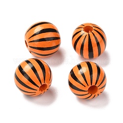 Natural Wood Beads, Printed, Round with Stripe Pattern, Orange, 15~16mm, Hole: 4mm
