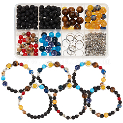 Sunnyclue kit de fabrication de bracelet chakra de pierres précieuses bricolage, y compris oeil de chat rond et pierres précieuses naturelles et perles de verre, argent antique et platine, 320 pièces / kit