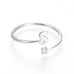 925 Sterling Silber Manschettenringe, offene Ringe, mit Zirkonia, Platin Farbe, Transparent, letter.s, Buchstabe s: ca. 5.5x3.5x0.8mm, Größe 7, 17 mm
