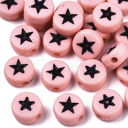 Opake Legierung Perlen, mit Emaille, flach rund mit Stern, rosa, 7x4 mm, Bohrung: 1.5 mm, ca. 1216 Stk. / 178 g