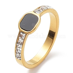 Anillo de dedo rectangular de esmalte negro con rhinestone, chapado de iones (ip) 304 anillo de acero inoxidable, dorado, nosotros tamaño 7 3/4 (17.9 mm)