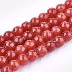 Hebillas de abalorios piedras preciosas de jade amarillo teñido natural, redondo, piel roja, 8mm, agujero: 1 mm, aproximamente 50 pcs / cadena, 15.7 pulgada