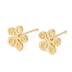 Flower with Word Love Alloy Stud Earrings for Women, with 304 Stainless Steel Steel Pin, Cadmium Free & Lead Free, Light Gold, 9x9mm