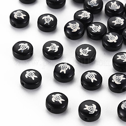 Perles vernissées manuelles, avec ornements en laiton plaqué platine, plat et circulaire avec tortue, noir, 8x5mm, Trou: 0.8mm