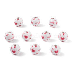 Perles européennes en bois naturel imprimées, perle avec trou grande, ronde avec motif coeur, rouge, 16mm, Trou: 4mm