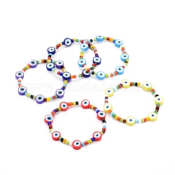 Evil Eye Stretch Bracelets, with Glass Seed & Round Polymer Clay Beads, Mixed Color, Inner Diameter: 2-1/8~2-1/4 inch(5.3~5.8cm)
