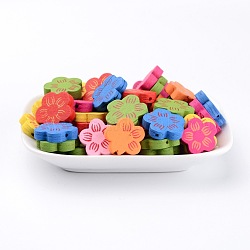 Mixed Color Natural Wood Flower Beads, Children's Day Gift Ideas, Dyed, Lead Free, about 19mm long, 20mm wide, 5mm thick, hole: 2mm