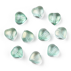 Transparent Spray Painted Glass Beads, with Glitter Powder, Heart, Aquamarine, 6x6x4mm, Hole: 0.7mm
