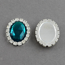 Shining Flat Back Faceted Oval Acrylic Rhinestone Cabochons, with Grade A Crystal Rhinestones and Brass Cabochon Settings, Silver Metal Color, Teal, 25x20x5mm