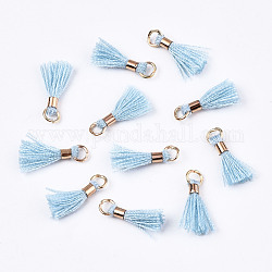 Polycotton(Polyester Cotton) Tassel Pendant Decorations, with Unwelded Iron Jump Rings, Golden, Light Sky Blue, Golden, 10x2mm, Hole: 1.5mm