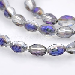Half Rainbow Plated Glass Faceted Rice Beads Strands, Clear, 6x4mm, Hole: 1mm, about 72pcs/strand, 16 inch