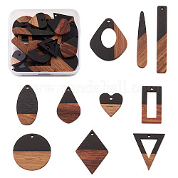 Pendenti in resina e legno di noce, forme misto, nero, 27.5x24x3.5mm, Foro: 1.8 mm, 20pcs/scatola