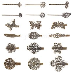 Ahadermaker 18 pièces 18 style fer plat alligator pince à cheveux accessoires, avec plateau en laiton, papillon & feuille & fleur & carré, bronze antique, 17~63x12~62x5~11mm, 1pc / style