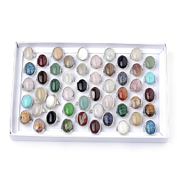 Anelli in pietra naturale e sintetica, con accessori in lega, platino, colore misto, 18~20 mm, circa 50 pc / scatola