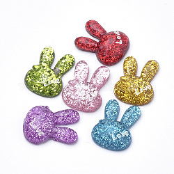 Cabochons en résine lapin, avec de la poudre de paillettes, tête de lapin avec coeur & mot amour, couleur mixte, 21.5x16.5x6mm