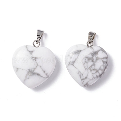 Natural Howlite Pendants, Heart, with Brass Findings, Platinum, 22~23x20~20.5x6~7.5mm, Hole: 5x8mm