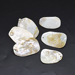Freshwater Shell Pendants, Nugget with Fish, 47~60x32~41x2~5mm, Hole: 2mm