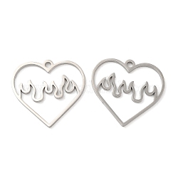 304 Stainless Steel Pendants, Heart with Fire Charm, Stainless Steel Color, 24x25x1.5mm, Hole: 2mm