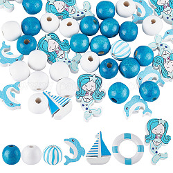SUNNYCLUE 7 Styles 100PCS 16mm Nautical Wooden Beads Beach Wood Beads Ocean Themed Blue White Dolphin Mermaid Round Spacer Polished Chunky Bubblegum Beads for Beadable Pens Beading Kit Bracelets