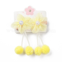 Flower Cloth Metallic Alligator Hair Clips, with Acrylic Beads, Flower, Children's Day Jewelry, Yellow, 105x50x15~16mm, 2pcs/card