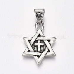 Сплавочные подвески тибетского стиля, для евреев, звезда Давида с крестом, античное серебро, 42.5x29.5x4.5 мм, отверстие : 10.5x6.5 мм