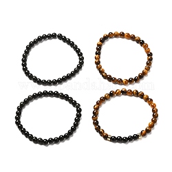 Aromatherapy Energy Stretch Bracelets Set for Girl Women, Natural Tiger Eye & Obsidian Beads Bracelets, Inner Diameter: 2-1/8 inch(5.5cm), 4pcs/set
