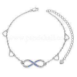 SHEGRACE Rhodium Plated 925 Sterling Silver Link Anklets, with Blue Corundum, Heart and Infinity, Cornflower Blue, Platinum, 8-1/4 inch(21cm)