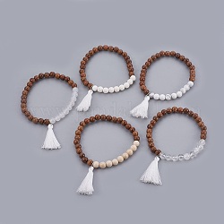 Bracelets de perles de pierres naturelles, pendentif avec perles en bois et pampilles, 2-1/8 pouce (5.4 cm), 5 pc / set