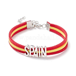 Spain Word Link Cord Bracelet, Country Flag Wide Leather Bracelet for Men Women, Silver, Red, 7-1/8 inch(18cm)