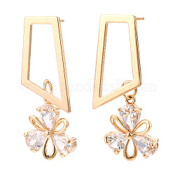 Brass Micro Pave Cubic Zirconia Trapezoid Stud Earrings, Flower Dangle Earring for Women, Long-Lasting Plated, Golden, 38x15mm