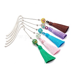 Metal Bookmark Gift with Polyester Tassel Big Pendant Decorations, Handmade Bumpy Lampwork & Brass Beads, for Book Lovers, Writers, Readers, Mixed Color, 137mm
