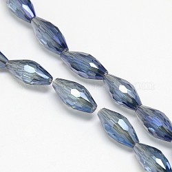 Electroplate Crystal Glass Rice Beads Strands, Faceted, Rainbow Color Plated, Marine Blue, 13x6mm, Hole: 1mm, about 50pcs/strand, 24.4inch