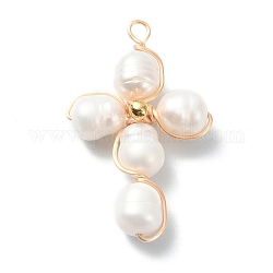 Natural Cultured Freshwater Pearl Copper Wire Wrapped Pendants, Cross Charms with Golden Plated Brass Beads, Seashell Color, 32x20x7.5mm, Hole: 2mm