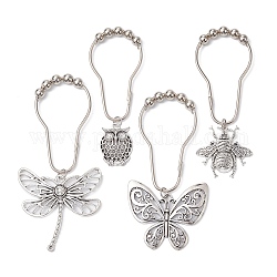 4Pcs 4 Style Owl Butterfly Dragonfly Iron Shower Curtain Rings for Bathroom, Easy Glide Rollers, Metal Shower Hook Hangers with Beads, Antique Silver, 111~131mm, 1pc/style