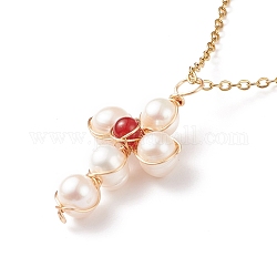 Collana con pendente a croce intrecciata in agata rossa naturale e perle, 304 gioielli avvolgenti in filo di acciaio inossidabile per le donne, 17.72 pollice (45 cm)