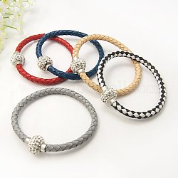 Fashion Leather Bracelets Making, with Polymer Clay Rhinestone Beads and Brass Magnetic Clasps, Platinum Metal Color, Mixed Color, 210x6mm
