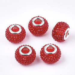 Perles européennes en résine avec strass, Perles avec un grand trou   , avec platine plaqué doubles noyaux de cuivre, rondelle, perles baies, rouge, 14x10mm, Trou: 5mm