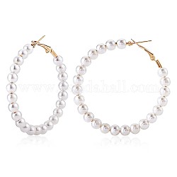Shell Pearl Beaded Big Hoop Earrings, Alloy Jewelry for Women, Golden, 53.5mm, Pin: 0.8mm