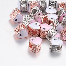 Perles européennes d'émail en alliage, Perles avec un grand trou   , coeur creux, couleur mixte, 10x10~10.5x8mm, Trou: 5mm