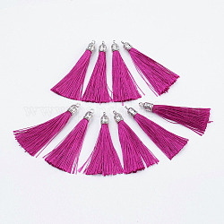 Nylon Tassels Big Pendant Decorations, with Antique Silver Alloy Findings, Hot Pink, 55~67x7mm, Hole: 2mm