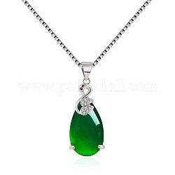 Brass Rhinestone Pendants Necklaces, with Glass Imitation Chrysoprase and Box Chain, Teardrop with Swan, Crystal, Platinum